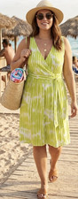 Lane Bryant Green White Abstract Wrap Dress V-Neck Sleeveless Tie Stretch 14/16