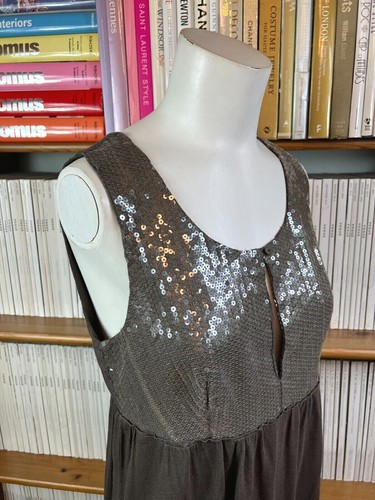 New 120% Lino Ladies S 8 10 Dress Linen Sequin Beaded Jersey Stretch Khaki - Picture 7 of 12