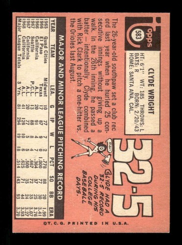 1969 Topps Baseball 583 Clyde Wright EX to EXMT BXCP40 - Photo 2/2