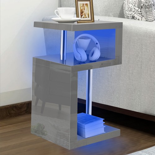 Mesa de centro lateral de alto brillo de 2 niveles mesa de cabecera con luz LED sala de estar - Imagen 9 de 43