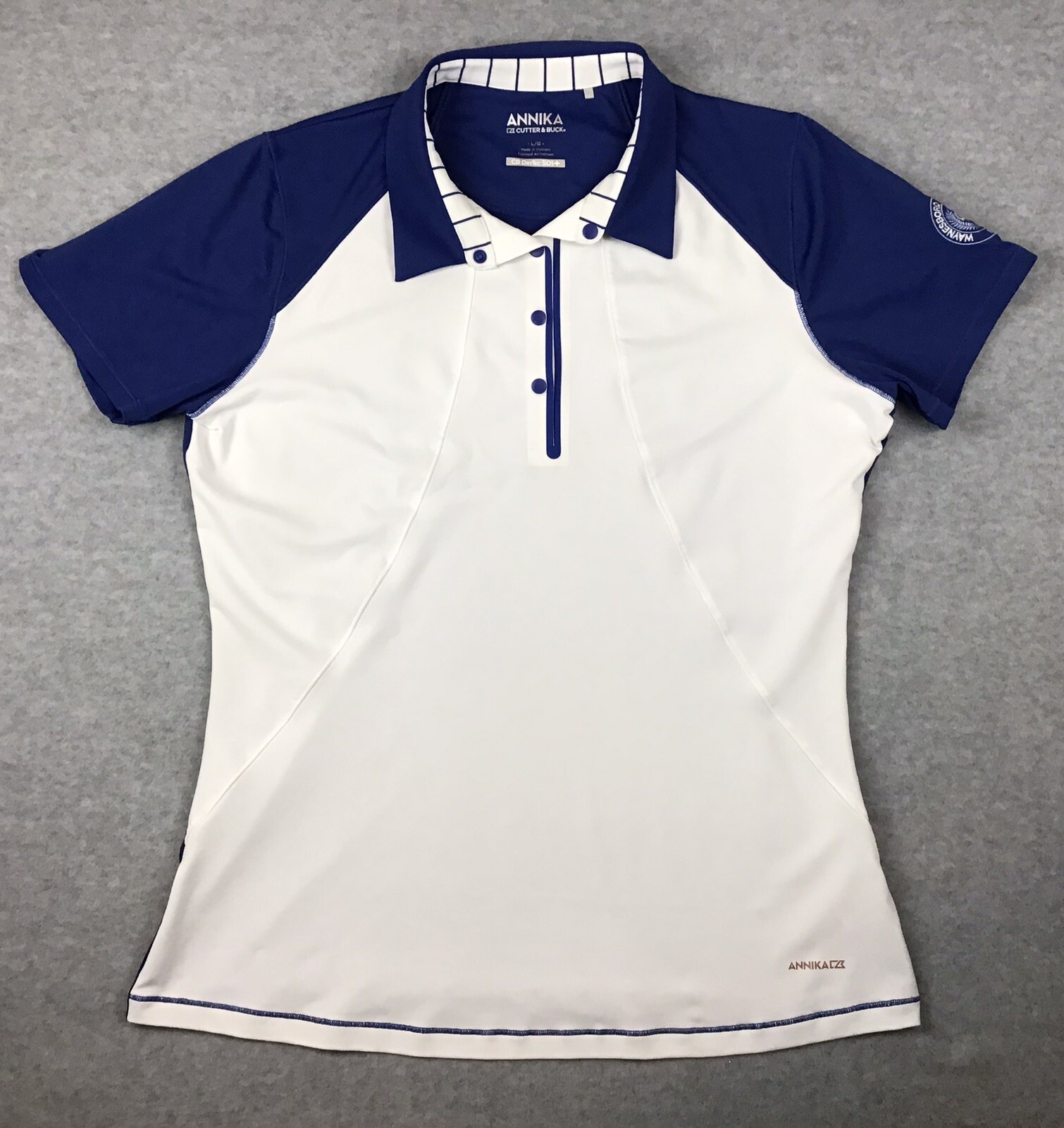 Annika Cutter & Buck Golf Shirt Women’s Size Large CB DryTec 50 UPF+ Blue White
