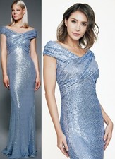 Tadashi Shoji Whitson Stretch Sequin Cadet Blue Off the Shoulder Dress Gown L