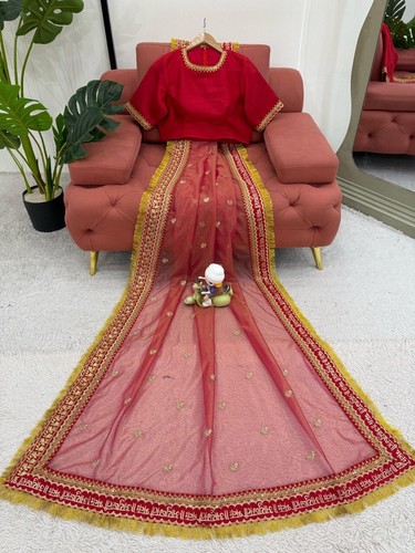 New Presenting Twil Net Red Saree With Benglori Silk Blouse For Women Wear - Picture 6 of 12