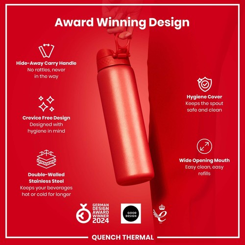 ION8 Leak Proof 1 Litre Thermal Water Bottle, Insulated, Red, 1L - Picture 6 of 7