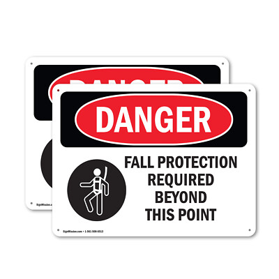 (2 Pack) Fall Protection Required Beyond OSHA Danger Sign Decal Metal Plastic