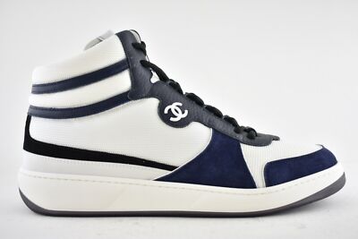 Chanel 22P Mens White Navy Blue CC Logo High Top Lace Up Trainer