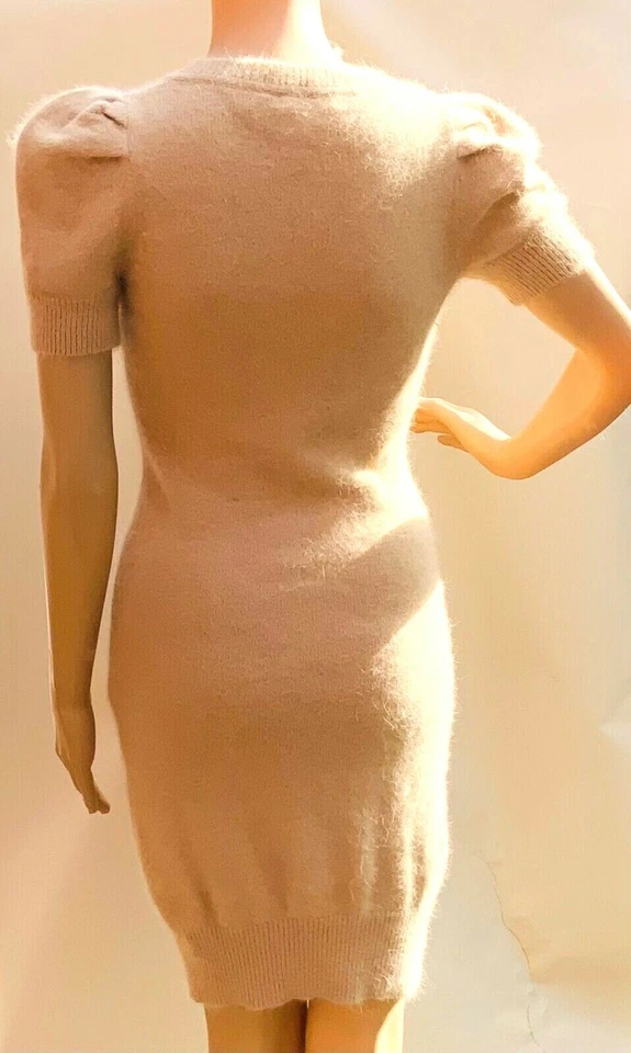 VS Moda International Dress Small 70% ANGORA Sweater Dress Puff Sleeve Beige - Image 2 of 4