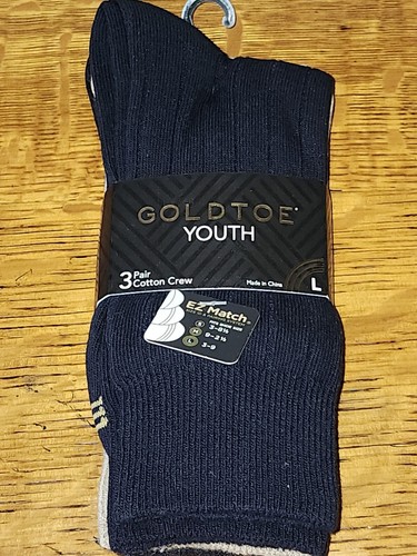 Boys Gold Toe Youth Cotton Crew Socks Size L (Big Boys Shoe 3-9) 3 Pairs