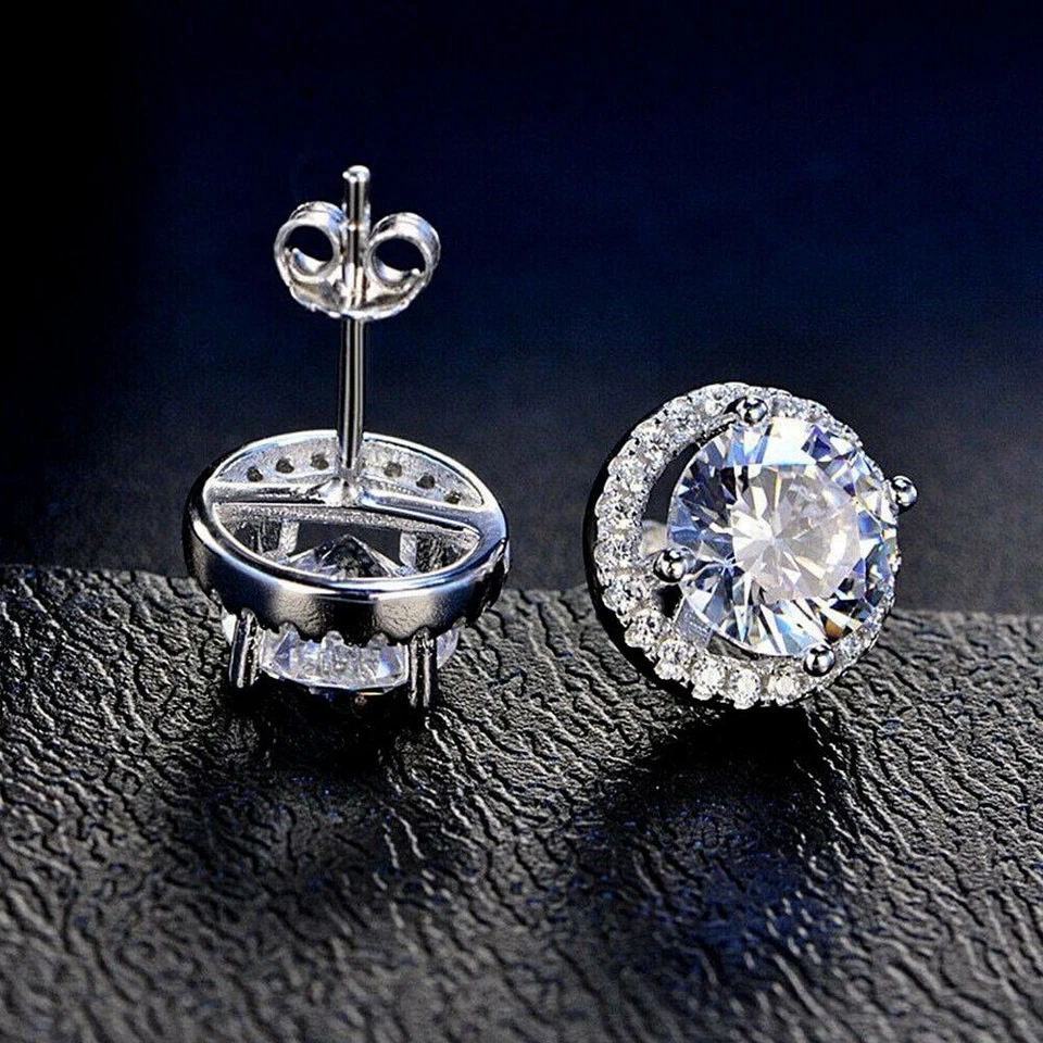 2CT Simulated Diamond Round Cut hallo stud Earrings in 14k White Gold Plated - Image 4 of 4
