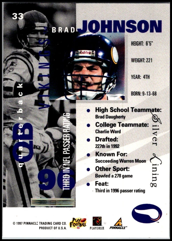 1997 Pinnacle Inside #33 Brad Johnson - Silver Lining FREE SHIPPING! - Image 2 of 2