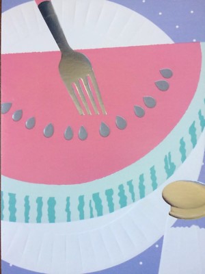 Mother's Day card Watermelon, fork, salt, paper plate pastels