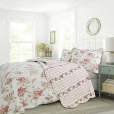 LOVELY COZY ELEGANT CHIC SHABBY PINK RED PURPLE YELLOW GREEN LEAF ROSE QUILT SET