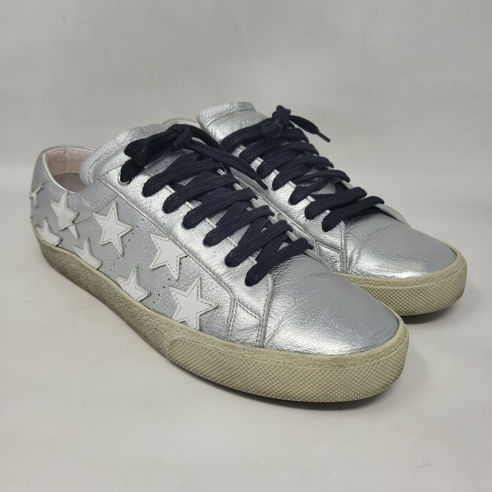Saint Laurent Sneakers Donna EU40 US10 Argento Pelle Metallizzata Corte Classica