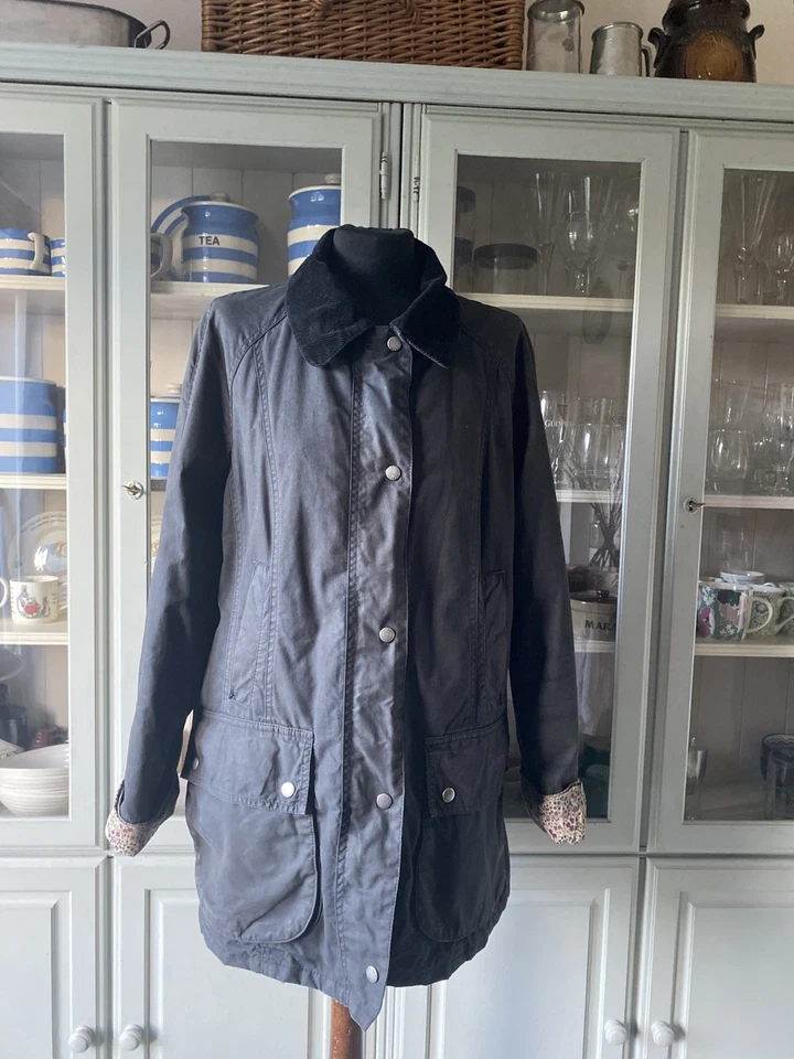 Barbour Beadnell Liberty Print Wax Waterproof Black Coat Jacket UK 18  - image 2 of 4