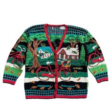 Vintage Knitted By Hand Scenic Bicycle Cottage Intarsia Cardigan Sweater Large
