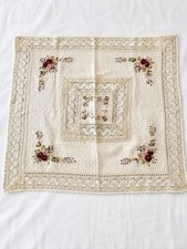 Vintage Hand Embroidered Table Topper 30x30 Floral Cottagecore