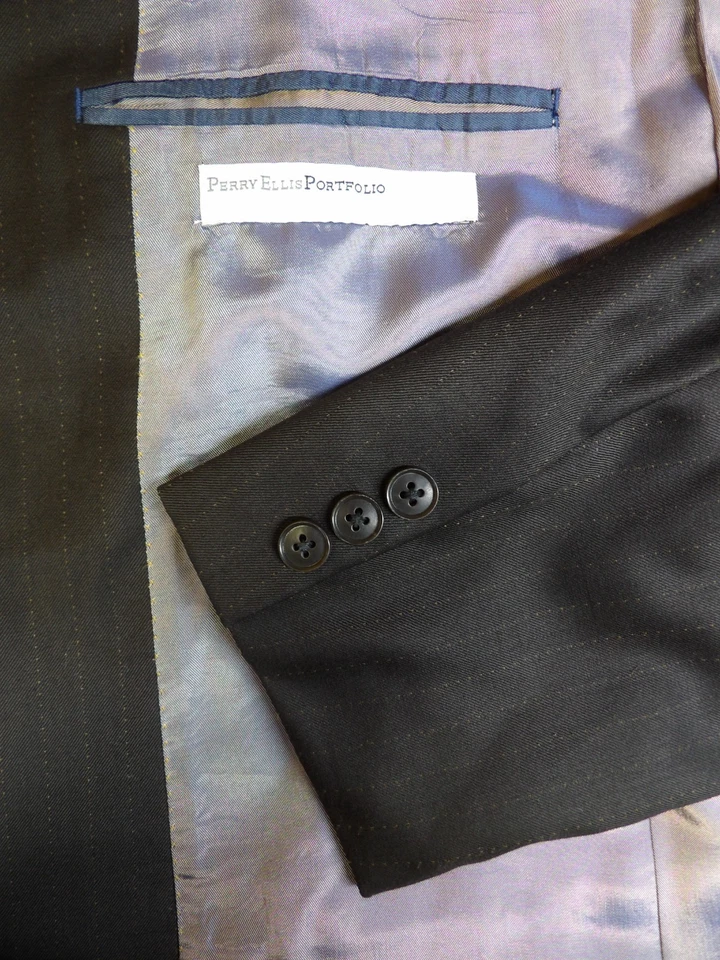 Traje de hombre Perry Ellis 44L 38 x 30 marrón oscuro a rayas 100 % lana T-#102 Foto 3 de 4