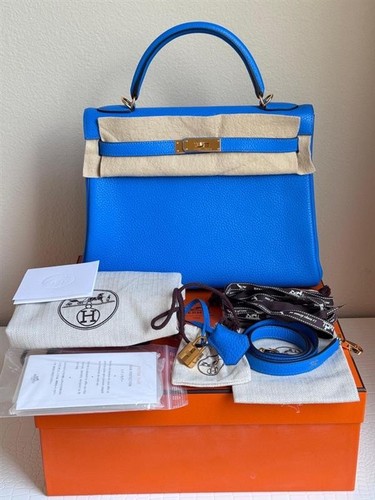 Hermes Kelly 32 Blue Hydra Clemence Leather Gold Hardware GHW