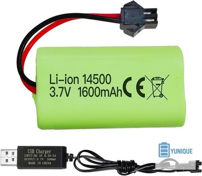 Li-Ion Akku 3,7V 1600mAh mit SM-2P Stecker und USB-Kabel für RC Autos