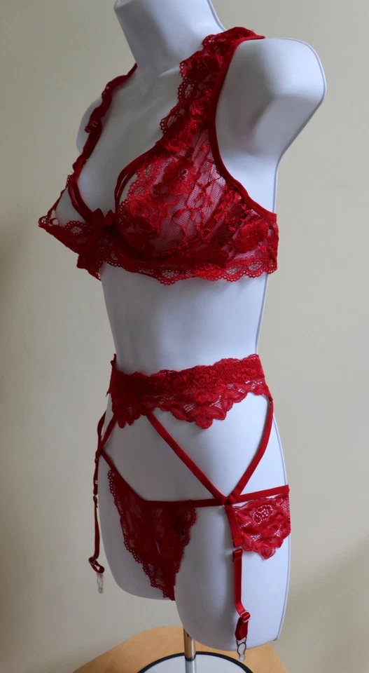 FREDERICK'S OF HOLLYWOOD ARABELLA SUJETADOR ENCAJE ROJO - LIGA - TANGA = TALLA XL = NUEVO CON ETIQUETAS Foto 3 de 4