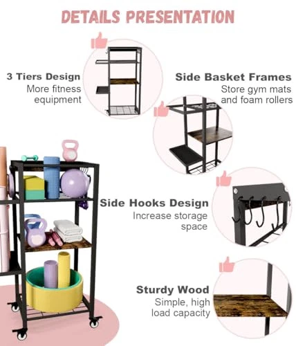 Yoga Mat Storage Rack with Wheels, 3 Tier Home Gym Workout Equipment Organizer Yoga Mat Storage Rack with Wheels, 3 Tier Home Gym Workout Equipment Organizer