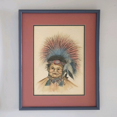 Watercolor & Ink Drawing Signed Shirland Native American Indian Portrait Framed - Picture 6 of 7