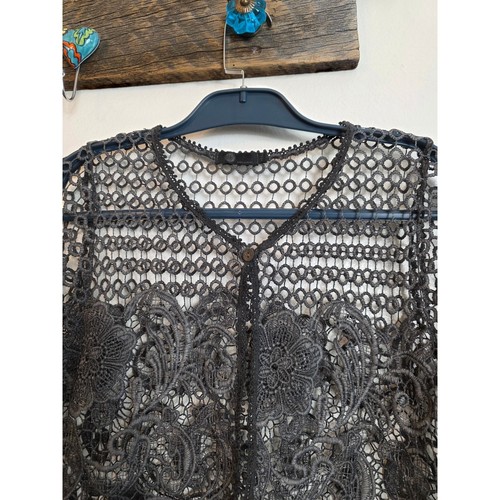 Black Crochet Lace Kimono Cardigan Sheer Boho Floral Open Front Top Lightweight - Afbeelding 5 van 13