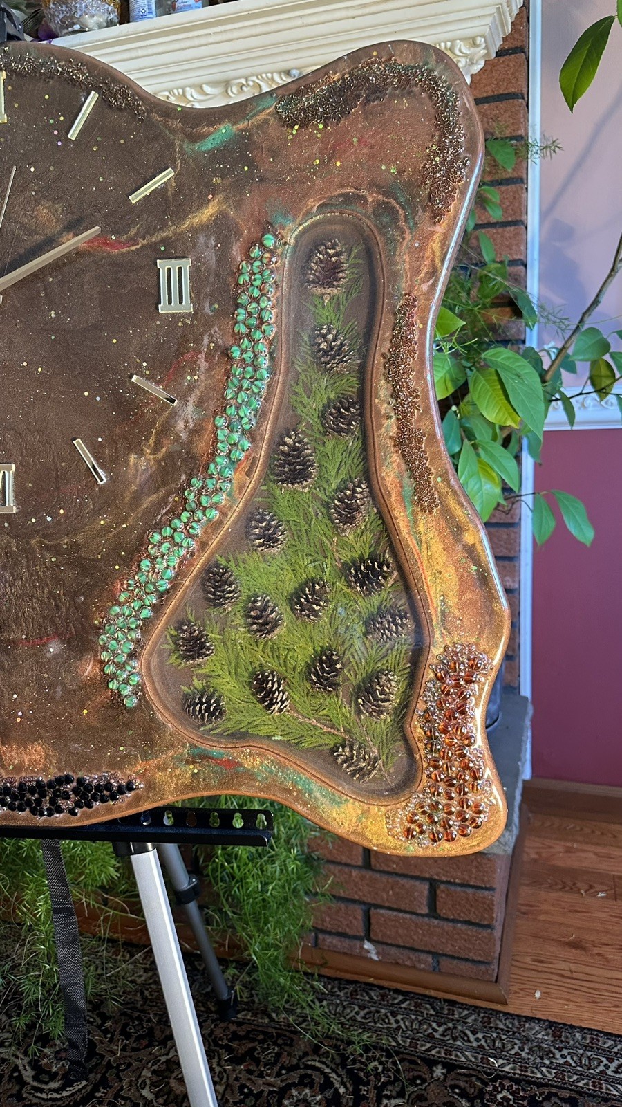 Museum Scale Resin Art Clock – Mixed Media Sculpture Design w/ Pinecone Inlay