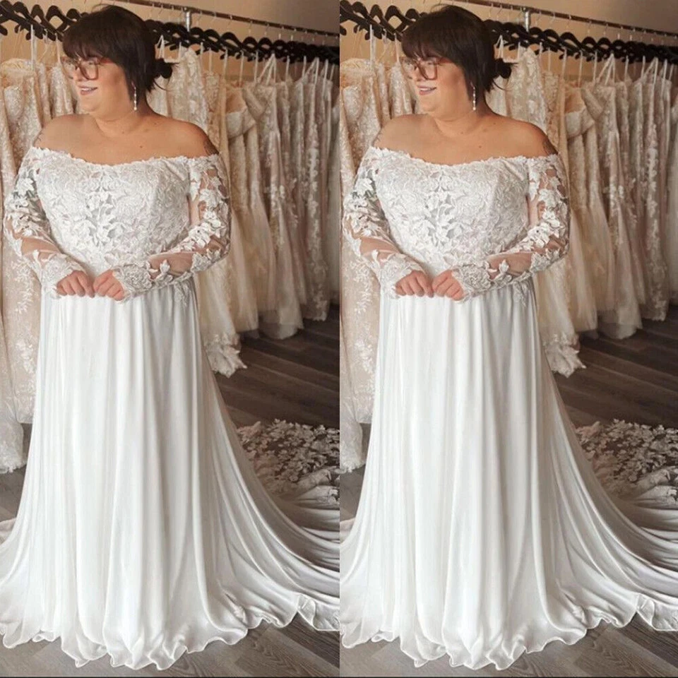 a line wedding dress ebay Satin Bateau Neckline A-Line Wedding Dress With Lace Appliques WD192 US18 / Ivory