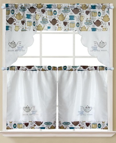 Tea Pot Embroidered Kitchen Curtain Window Tier Café Farmhouse Valance Living...