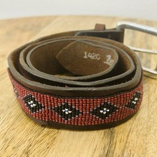 Vintage Aztec Beaded Brown Leather Belt Sze 32 Southwest Native Betsy s USA Made
