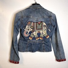 Silver Jeans Upcycled Elephant Tapestry Boho Jean Jacket Size Medium