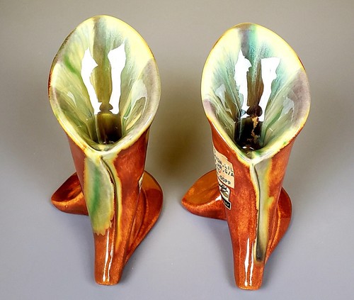 VGT Haeger MCM Brown Green Swirl Calla Lily Cornucopia 2 Candle Stick Holders - Picture 4 of 22