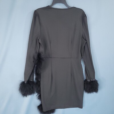 Women's Mesh Party Sexy Dress Long Sleeve Faux Fur Cuff Black Size L | eBay