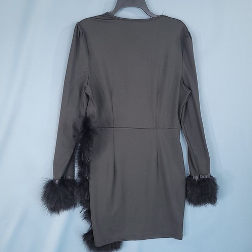 Women's Mesh Party Sexy Dress Long Sleeve Faux Fur Cuff Black Size L - Picture 7 of 11