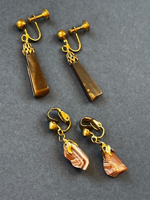 Vintage Lot of Orange & White Agate Nugget Stone & Brown Tapered Stone Goldtone