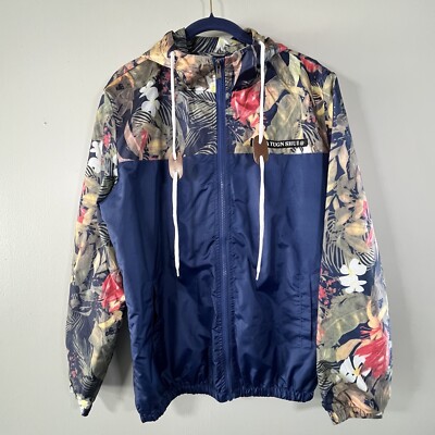 QINA YUGN SHUI@ Jacket Unisex Floral Full Zip Hooded Windbreaker Navy Blue S