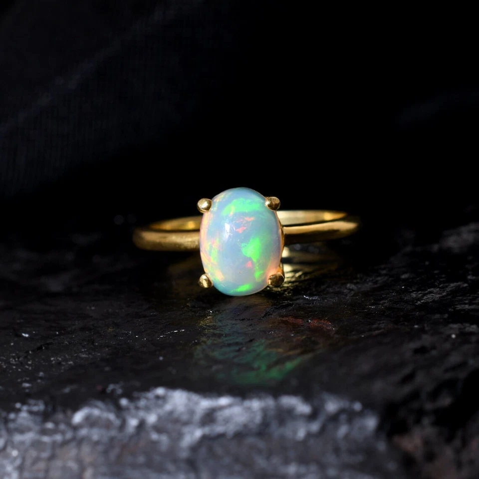 Натуральный эфиопский мульти огонь опал кабошон серебро 925 пробы позолоченное кольцо - Изображение 2 из 4