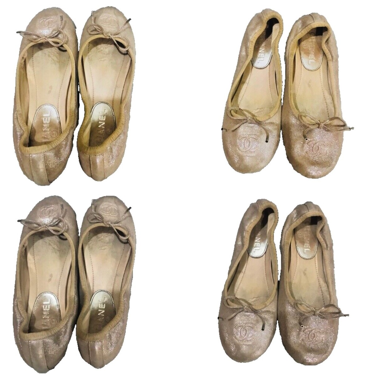 CHANEL CC Classic Bow Cap Gold Glitter Fabric Ballerina
