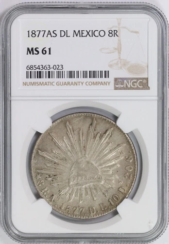 1877-AS DL Mexico 8R NGC Silver 8 Reales KM#377 UNC Mint State MS61 Pop 4/3