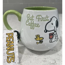 BUT FIRST, COFFEE Peanuts Snoopy 21oz Coffee Mug Fall Green Inside Ceramic Cup