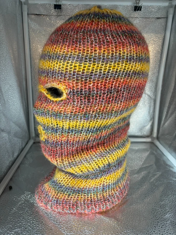 Máscara de esquí pasamontañas 3 agujeros amarillo rojo púrpura rayas mohair máscara delgada Foto 4 de 4