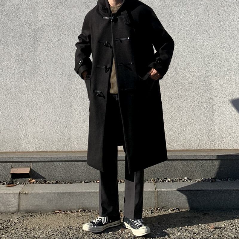 Japanese Wool Coat Men's Long Coat Hooded Lapel Jacket Horn