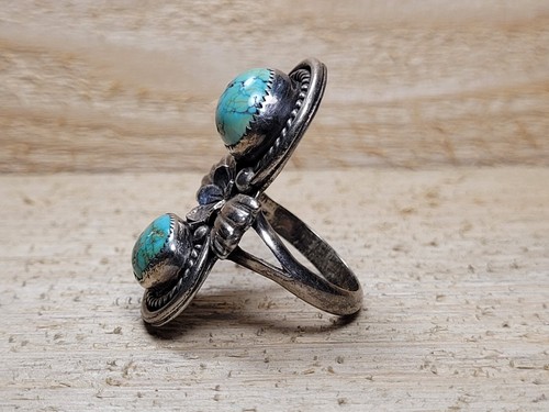 Southwest Style Sterling Silver And 2 Stone Turquoise Ring Stamped DKL I-10155 - Picture 2 of 10