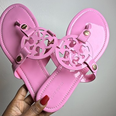 Tory Burch Pink Patent Leather Thong Sandals Logo Straps Slip On Women s 7