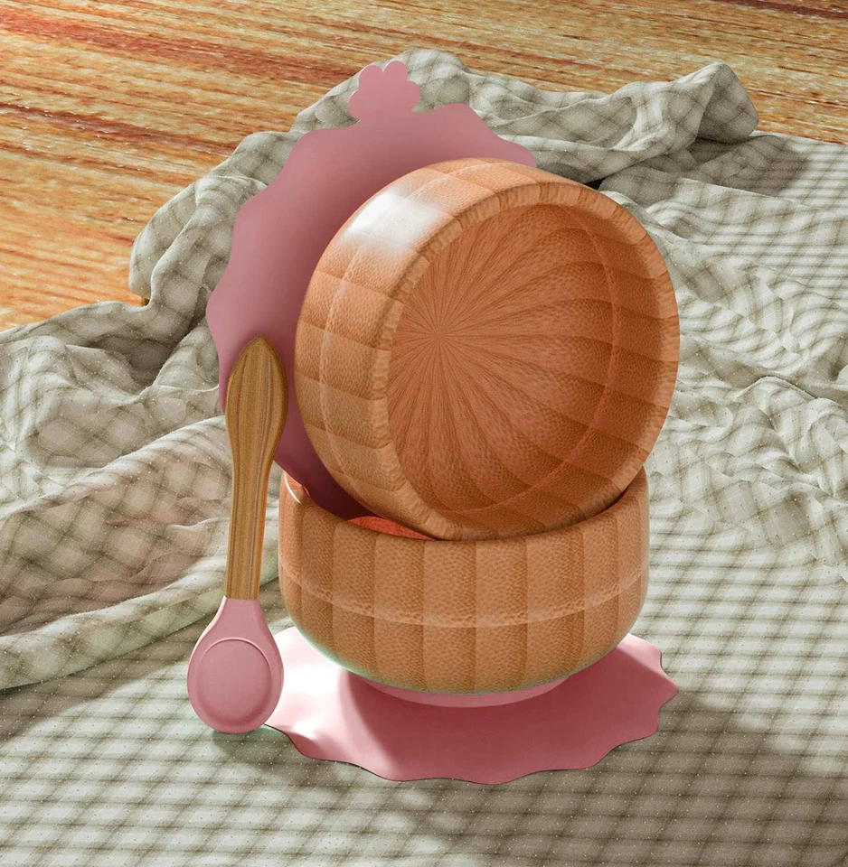 Baby Bambusschalen-Set Bambusschüssel mit Saugnapf und Löffel Babys Kleinkindern - Bild 4 von 4