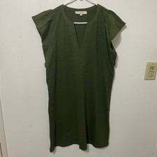 Loft Women Olive Green Split Neck Flutter Sleeve Shift Dress Medium Cotton