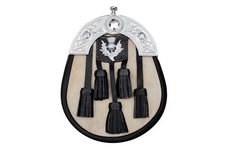 Genuine Cowhide Leather Sporran Five Tassels with Chrome Thistle Badge and Ca...
