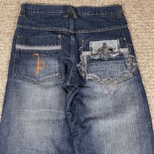 Paco Jeans Mens 34x33 Blue Denim Pants Y2K Wide Leg Embroidered