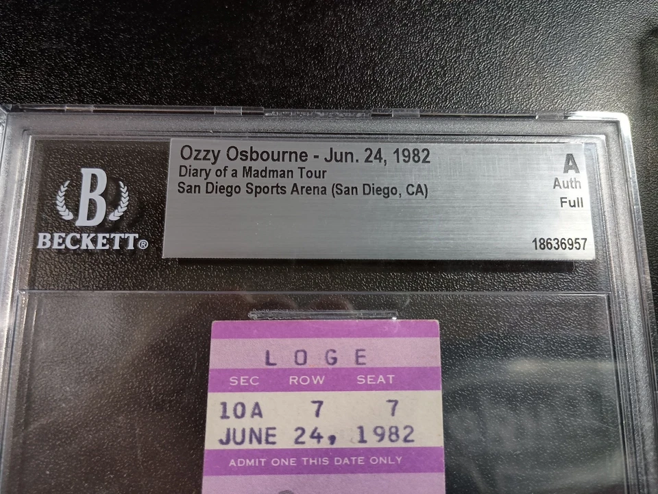Ozzy Osbourne San Diego 24 de junio 1982 Diario Madman Purple Tour Boleto Beckett BAS Foto 3 de 4